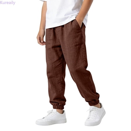 Kureaily Comfortable And Stylish Boys Casual Trousers For Autumn Linen Blend Long Pants With Elastic Waist/ 14-15 Years/ Big Kid (Red)