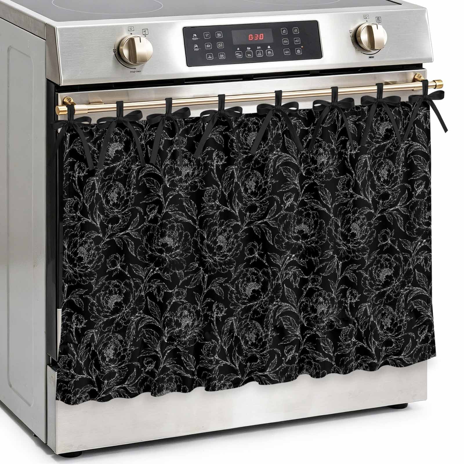 Black Floral Oven Skirt Curtain Kitchen Stove Skirt Cover with Tie Top Elegant Pastoral Flowers Abstract Art Decorative Cabinet Cover Dishwasher Curtain for Farmhouse Decor 32x24 Inch