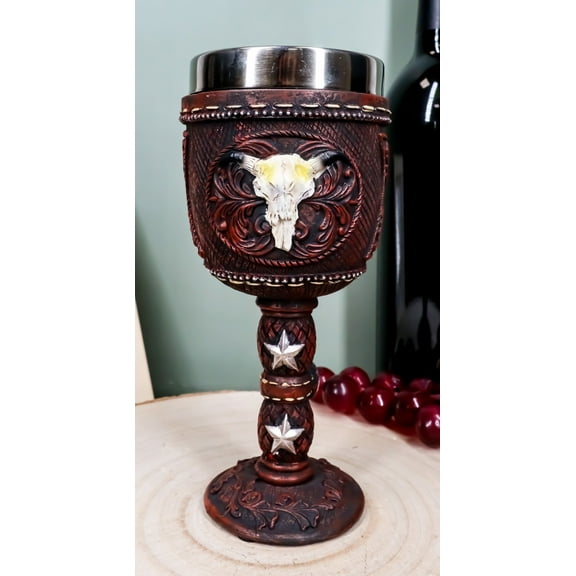 Western Cow Skull Western Stars Floral Scroll Faux Tooled Leather Wine Goblet