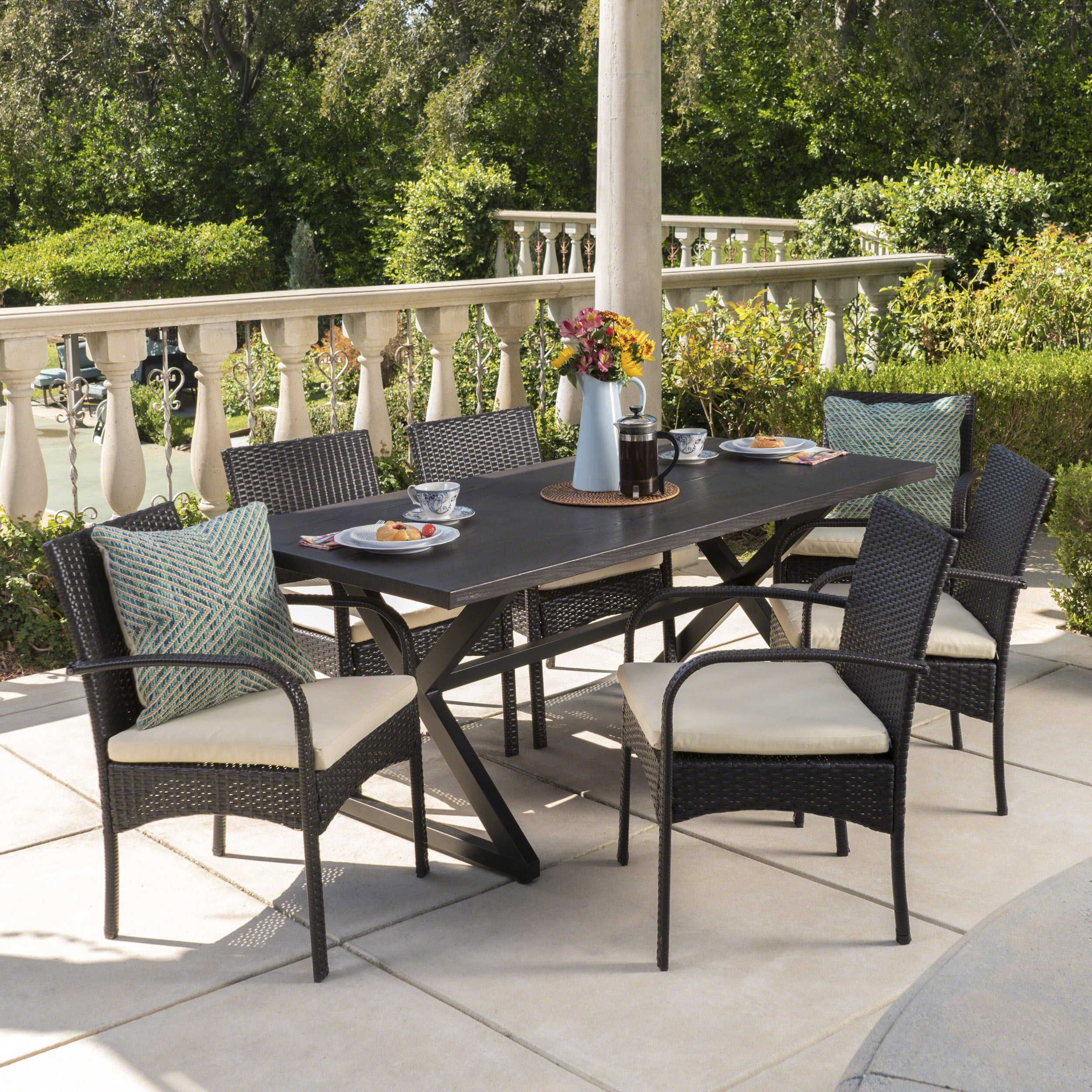 Aamaya Outdoor 7 Piece Aluminum Dining Set with Wicker Dining Chairs