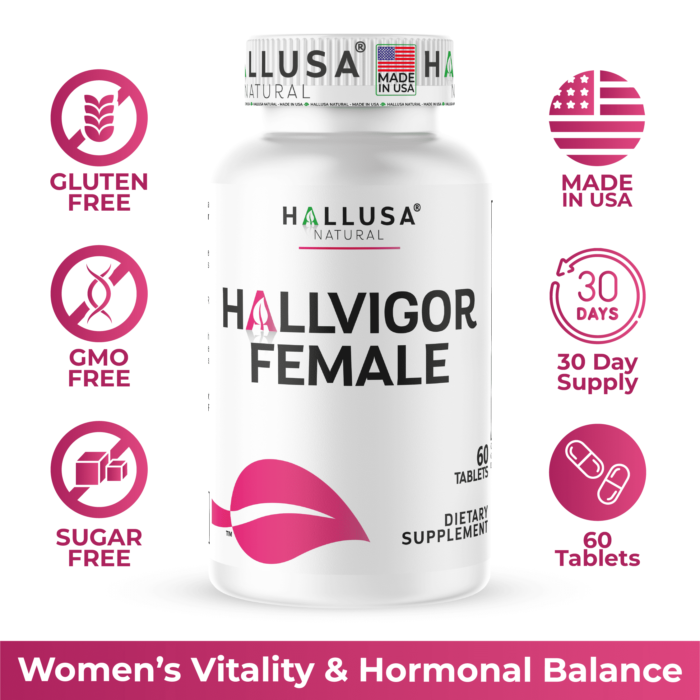 Hallvigor Female – Women’s Vitality & Hormonal Balance Support, Multivitamin & Herbal Blend with Iron, B Vitamins & Ginseng – 60 Tablets
