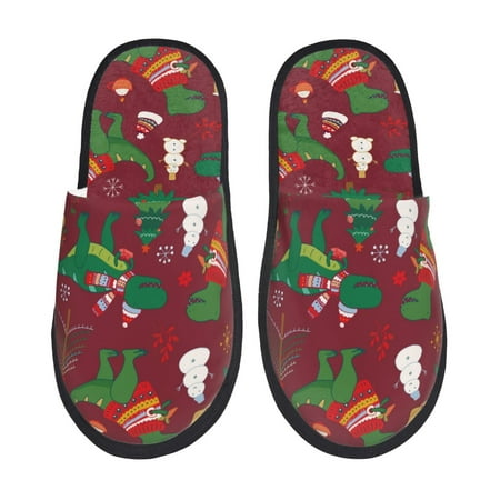 Balery Dinosaur Christmas Happy New Year Slient Indoor Furry Fleece Comfort House Shoes Soft Non-Slip Home Shoes Cotton slippers House Slippers-- Large