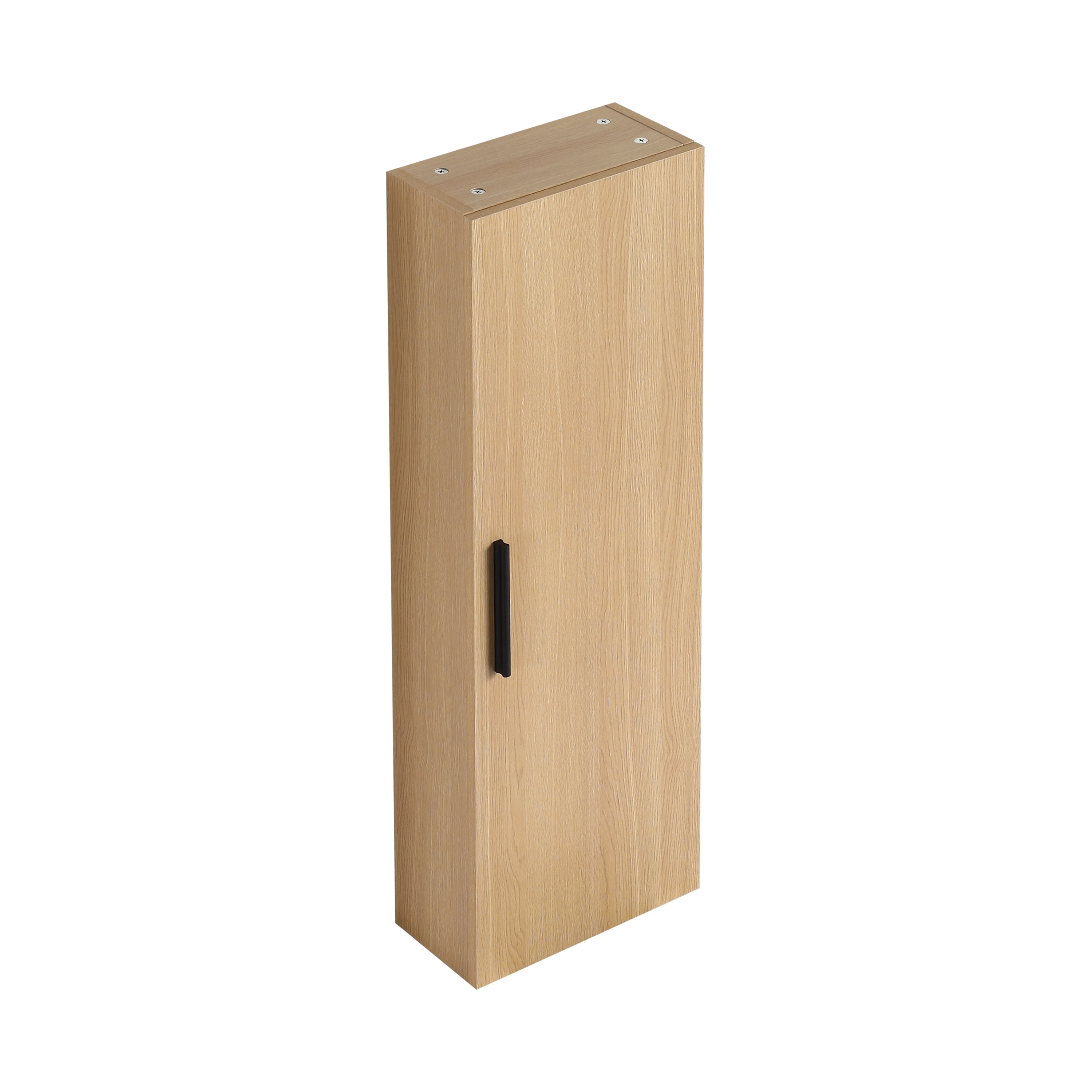 12" Tall Floating Bathroom Side Cabinet, Light Oak Plywood Linen Cabinet, Wall-Mounted Single Door Storage with Black/Aluminum Handles