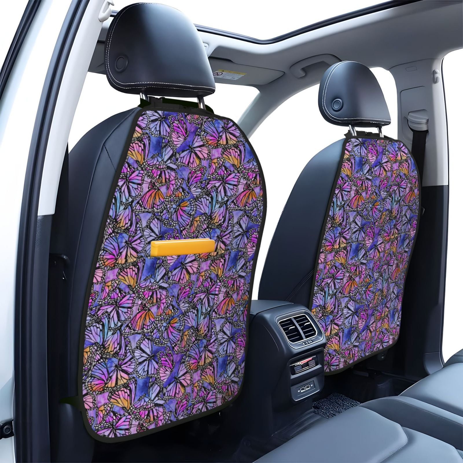 Xecao Watercolor Butterflies Pattern Car Seat Back Protector 2 Pack Large Capacity Pocket, Kick Mats Back Seat Protector