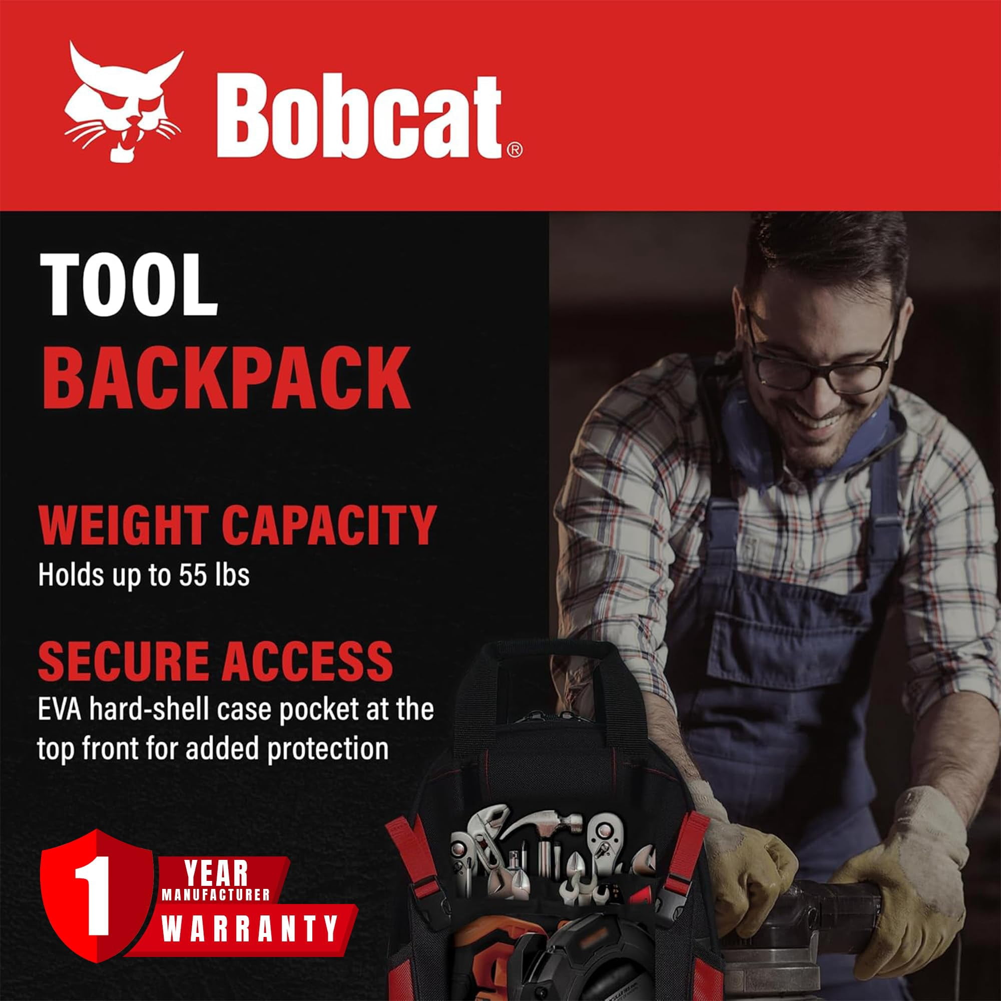 Bobcat Tool Backpack Heavy Duty – Work Tool Bag with 24 Pockets ForTechnician,Havc, Maintenance-Electrician tool bag with Smart Storage – Black/Red