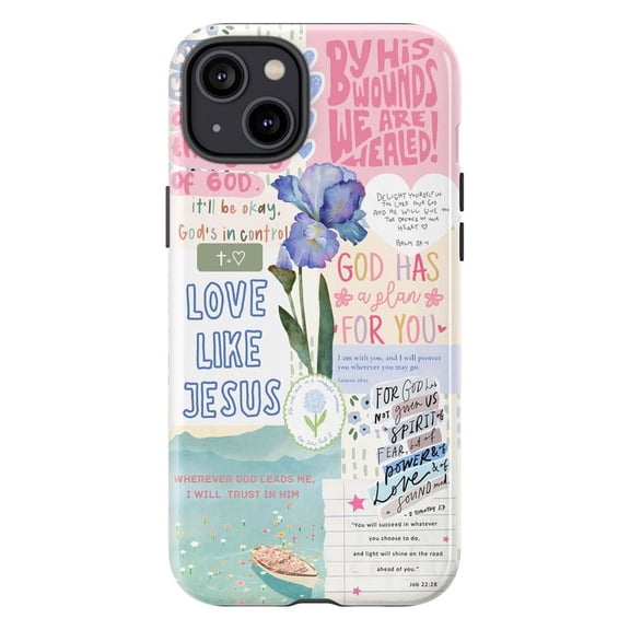 Christian Faith Phone Case for iPhone 17 16 15 14 13 12 11 Pro Plus Mini, Love Like Jesus Collage Cover, Pink Aesthetic Blue Iris Floral