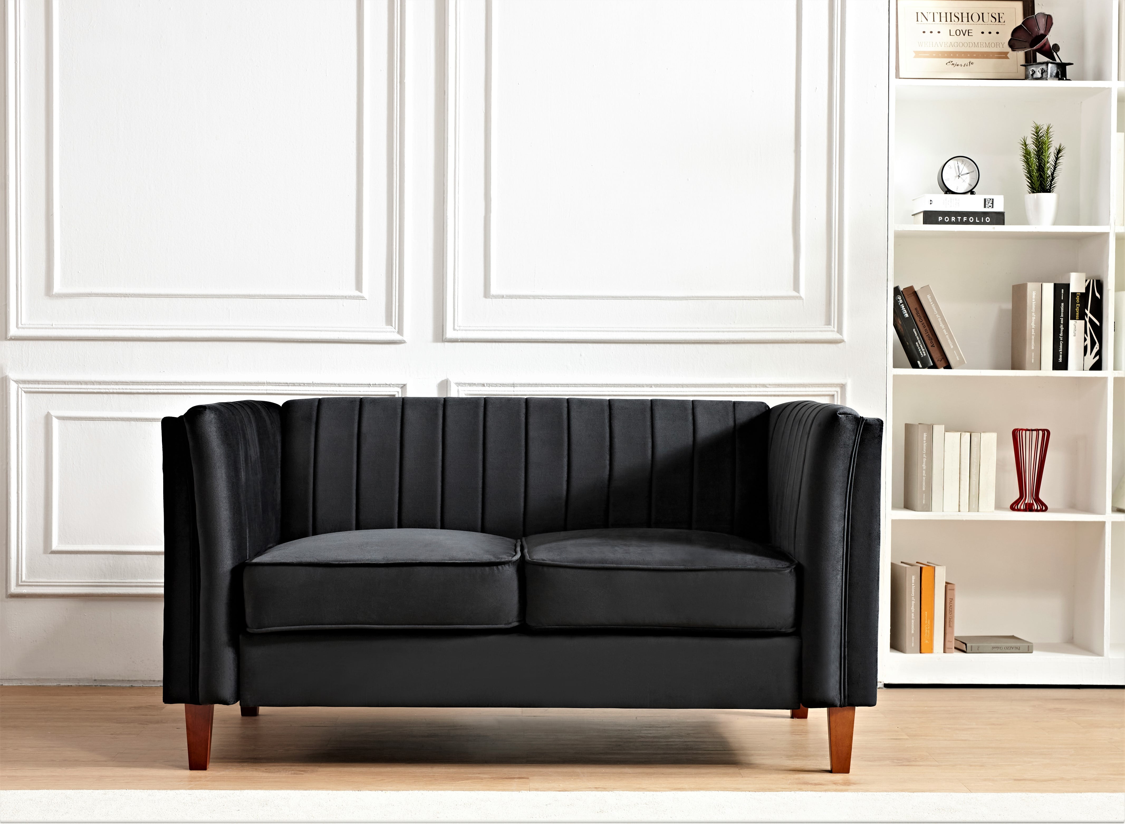 Uspridefurniture Plainfield Line Tufted Square Velvet Loveseat,Black