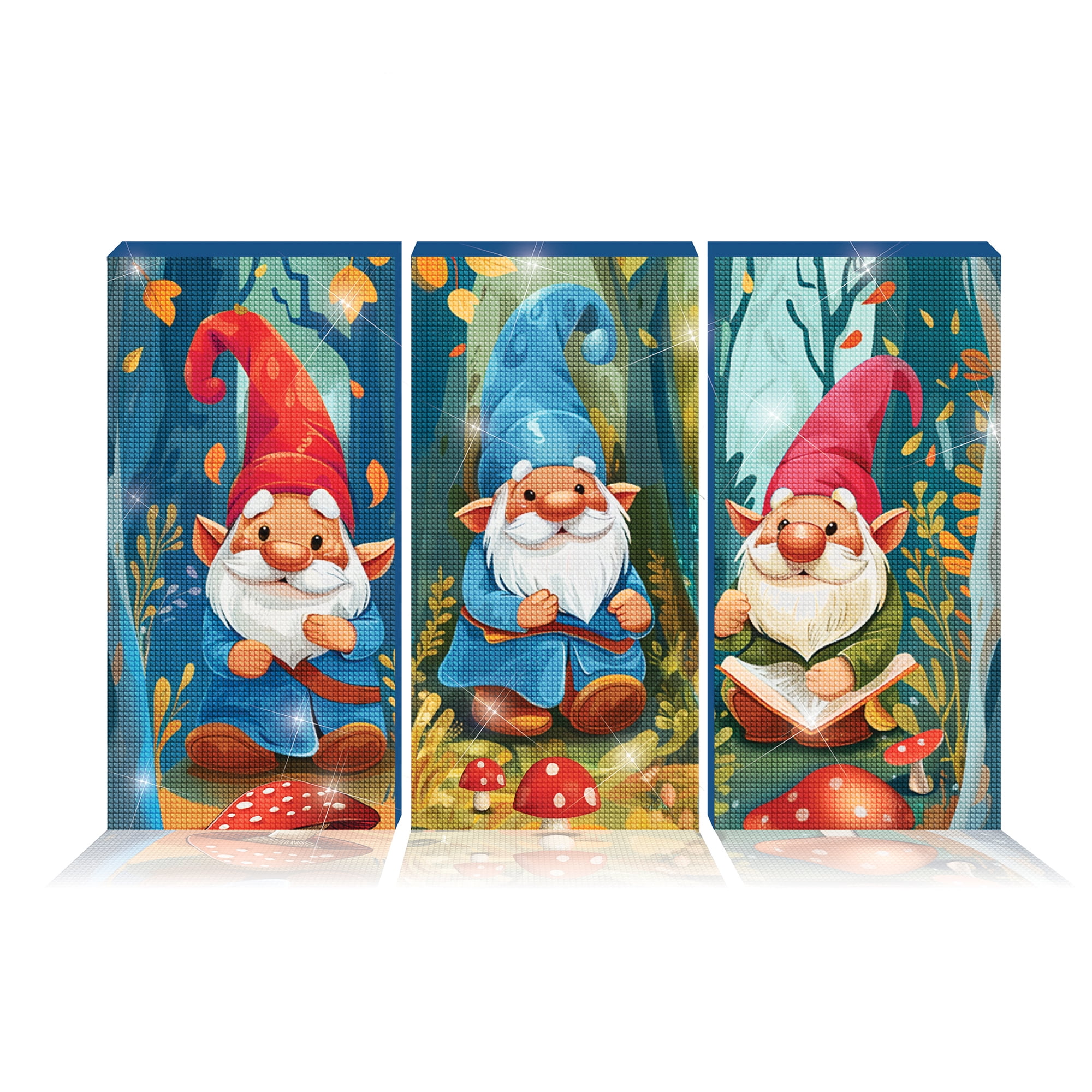 ArtSkills Diamond Painting Kit, Diamond Art Ready to Hang Framed Canvas with Storage and Accessory Kit, Gnomes, 3 Stretched Canvas Panels, 14” x 7” Each