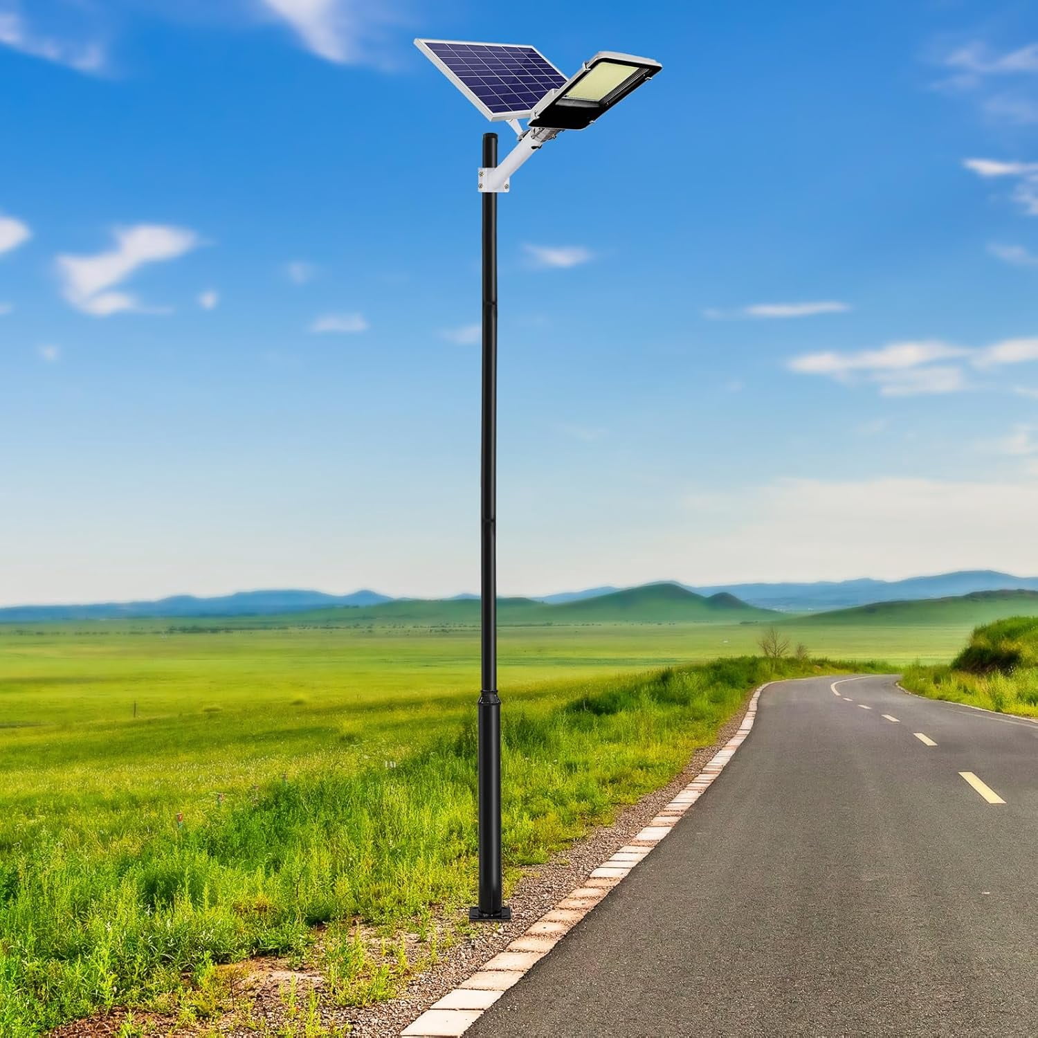 13.1FT Tall Street Light Pole, Outdoor Split Street Lamp Post with Mounting Rebar Cage Base Heavy-Duty Metal Solar Streets Light Post for Patio Backyard Park Parking Lots Black