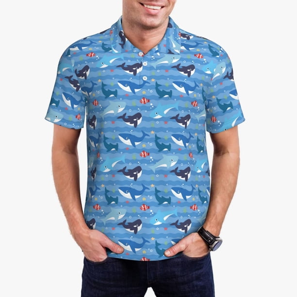 Balery Blue Fish Camisa Polo de Hombre con Estampado, de Manga Corta y Tejido Medio, Camisa Tipo Golf Polo-X-Large
