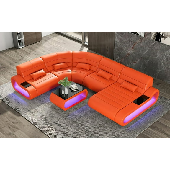 MofitHome, Catina Leather Curve Shape Sectional, Living Room, Orange, Italian Leather, LED-lit Storage at Both Ends, Upgradeable to Multi-color Lights with Wireless Remote.