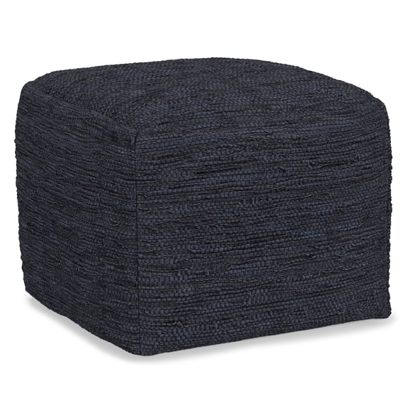 Simpli Home Fredrik 18 inch Wide Boho Square Pouf in Dark Blue Woven Genuine Leather