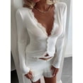 thumbnail image 6 of Womens Cardigan Sweaters Lace Ruffle Trim V Neck Long Sleeve Button Front Ribbed Knit Cute Fitted Crop Tops White M, 6 of 9