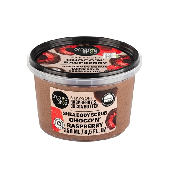 Organic Shop Shea Butter Body Scrub, Cocoa Butter & Raspberry Exfoliating Body Scrub, 99% Natural Origin, Organic Vegan Body Polish, Paraben Free, Gentle Shower Exfoliator, Made in Europe