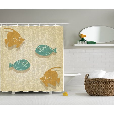 Fish And Waves Shower Curtain Set By , Aquarium Marine Ocean Themed Fishing Decor, Bathroom Accessories, 69W X 70L Inches, 70 INCHES LONG x 69 INCHES WIDE.., By Ambesonne