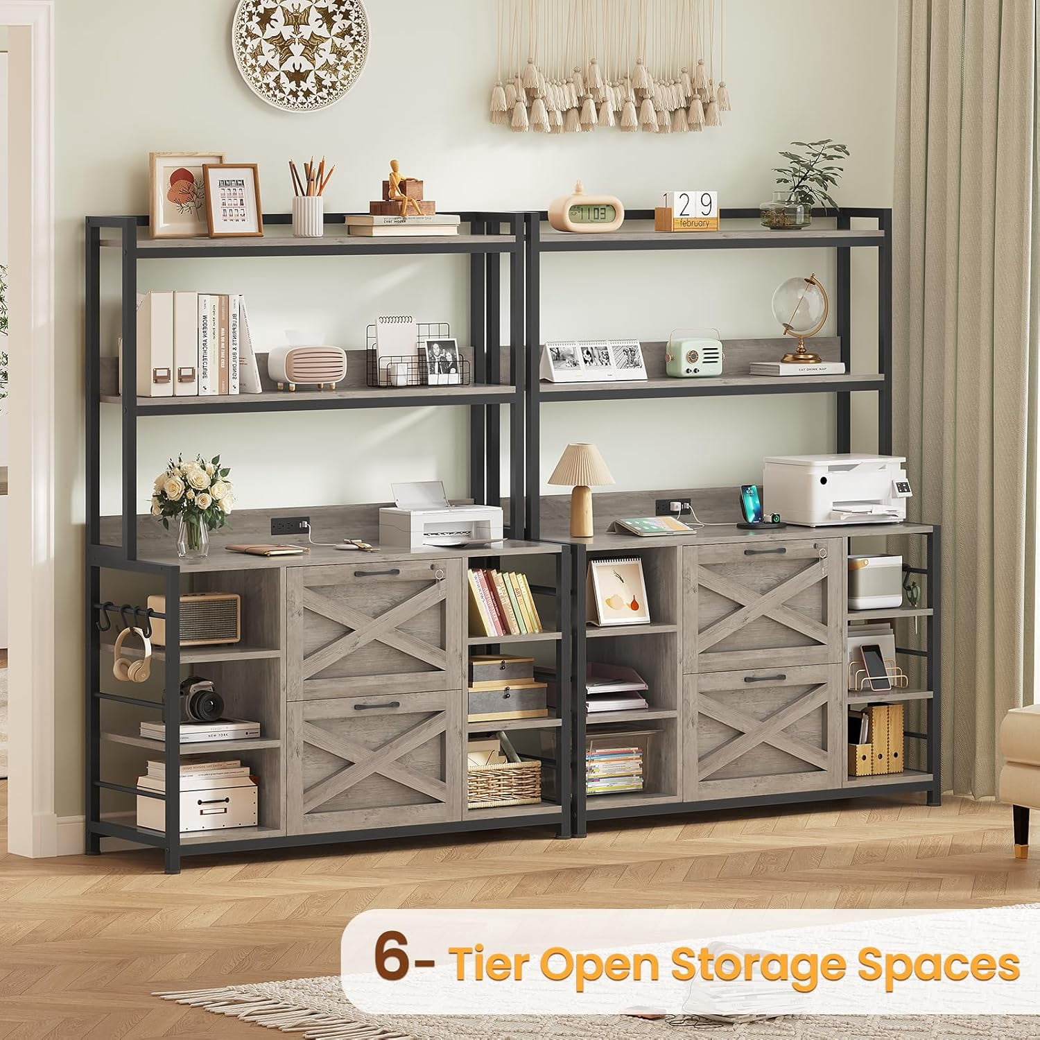 File Cabinet with Charging Station, Vertical Filing Cabinet with Lock for Home Office, Printer Stand with Open Storage Shelf, Fits Legal/Letter/A4 Size, Grey
