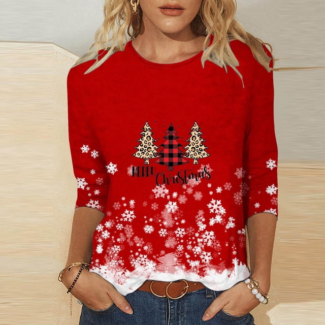 Blusa informal Augper con mangas 3/4 para mujer, estilo túnica holgada, estampada (Navidad)