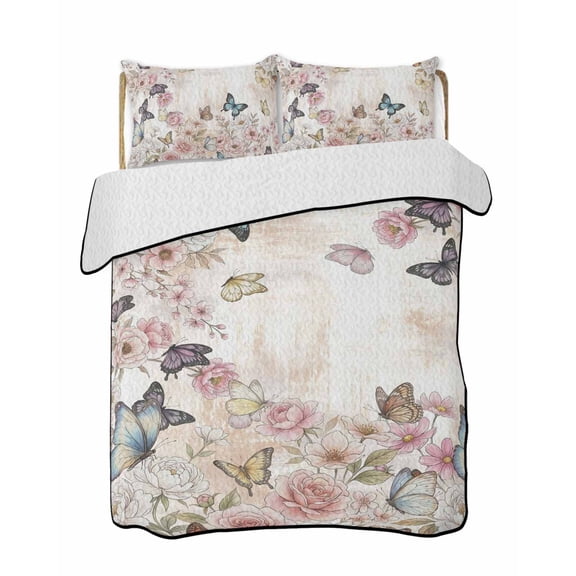 Quilt King Size Bedding Set, Vintage Pink Flowers Reversible Summer Quilt 3 Pieces, Spring Floral Butterfly Retro Art Lightweight Bedspreads Coverlets with 2 Pillow Shams for All Seasons