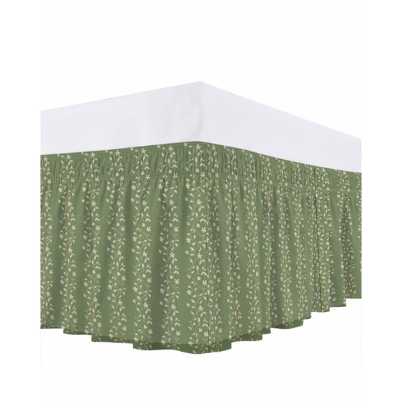Spring Branches Bed Skirt Queen Size 16 Inch Drop, Simple Sage Green Leaf Branch Plant Green Background Adjustable Elastic Dust Ruffles Bedskirt for Queen Bed Wrap Around Pleated Mattress Frame Cover