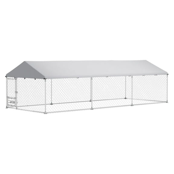 Outdoor Dog Kennel Large, 19.7' x 7.5' x 5.2' Dog Run with Roof, Adjustable Bowl Rack, Waterproof Cover & Secure Lock
