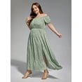 thumbnail image 3 of CurveSoul Plus Size Womens Summe Green Floral Off-Shoulder Split Maxi Dress, 3 of 6