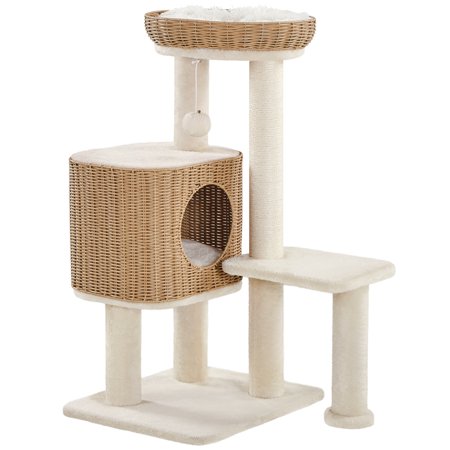 Yaheetech 36 Tall Rattan Cat Tree with Natural Sisal Scratching Post Beige