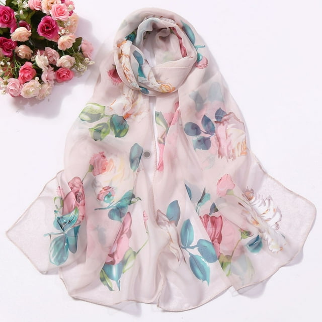 Foulard Longue Douce pour Femmes à Imprimé de Roses, Châle Foulard en Soie Simulée