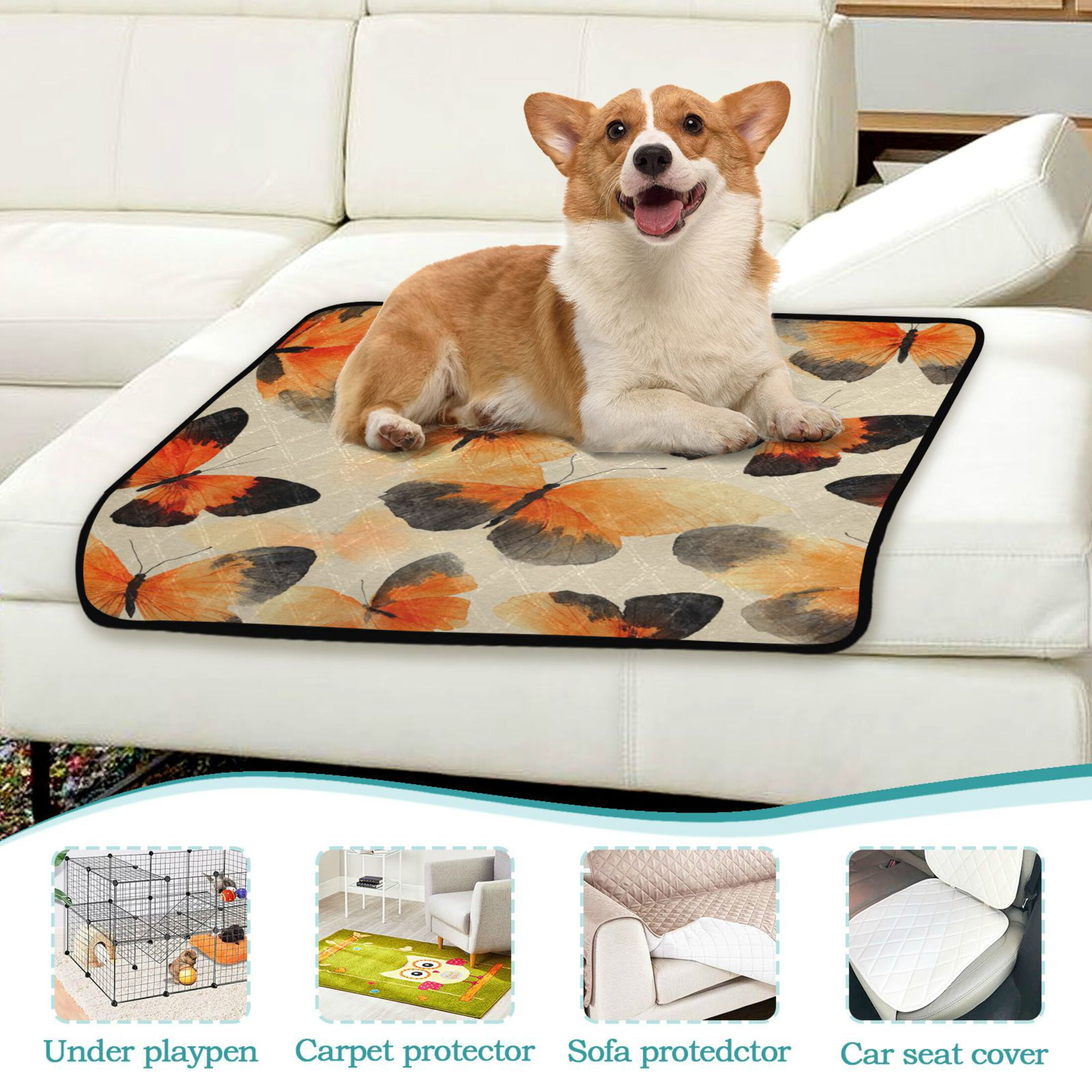 Qxltty Orange Black Butterfly Cat litter Pads Pet Set of 2 Diaper Mats Center Anti-leakage Layer Absorbent Soft and Comfortable
