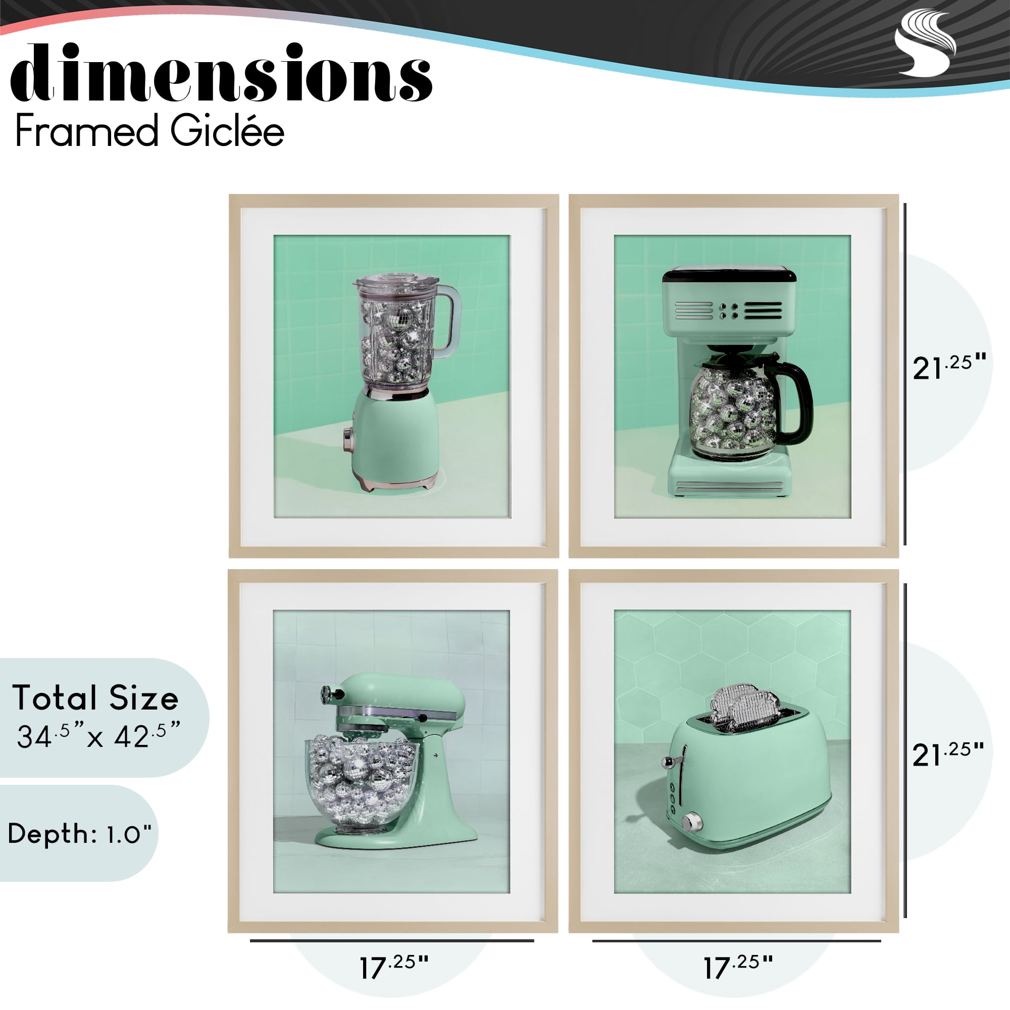 Stupell Industries Disco Drink Blender over Green 4 Piece Birch Framed Print Under Glass Set, design by LISH Creative
