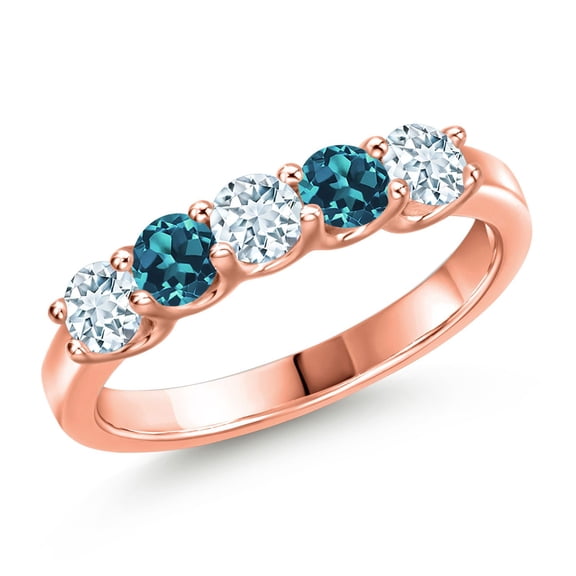 Gem Stone King 18K Rose Gold Plated Silver Sky Blue Aquamarine and London Blue Topaz Wedding-Bands Ring for Women | 0.95 Cttw | Round 3.5MM | Gemstone March Birthstone | Size 8