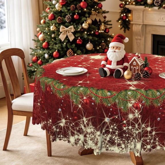 Nanqianyi Christmas Red Round Tablecloth 70 Inch, Pine Leaf Wreath Golden XMAS Stars Washable Table Cover for Kitchen Holiday Party