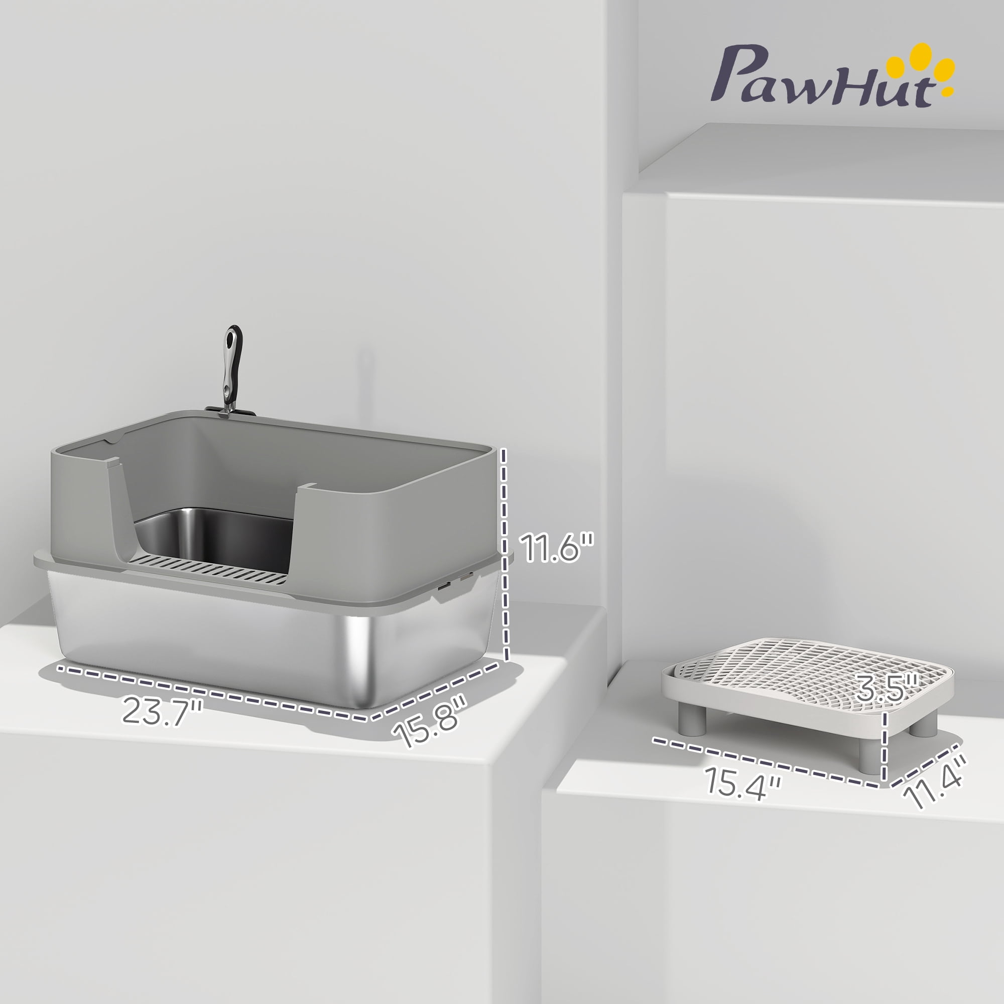 PawHut Stainless Steel Litter Box with High Sides, Extra Large Metal Cat Litter Box with Scoop, Pedal, Gray