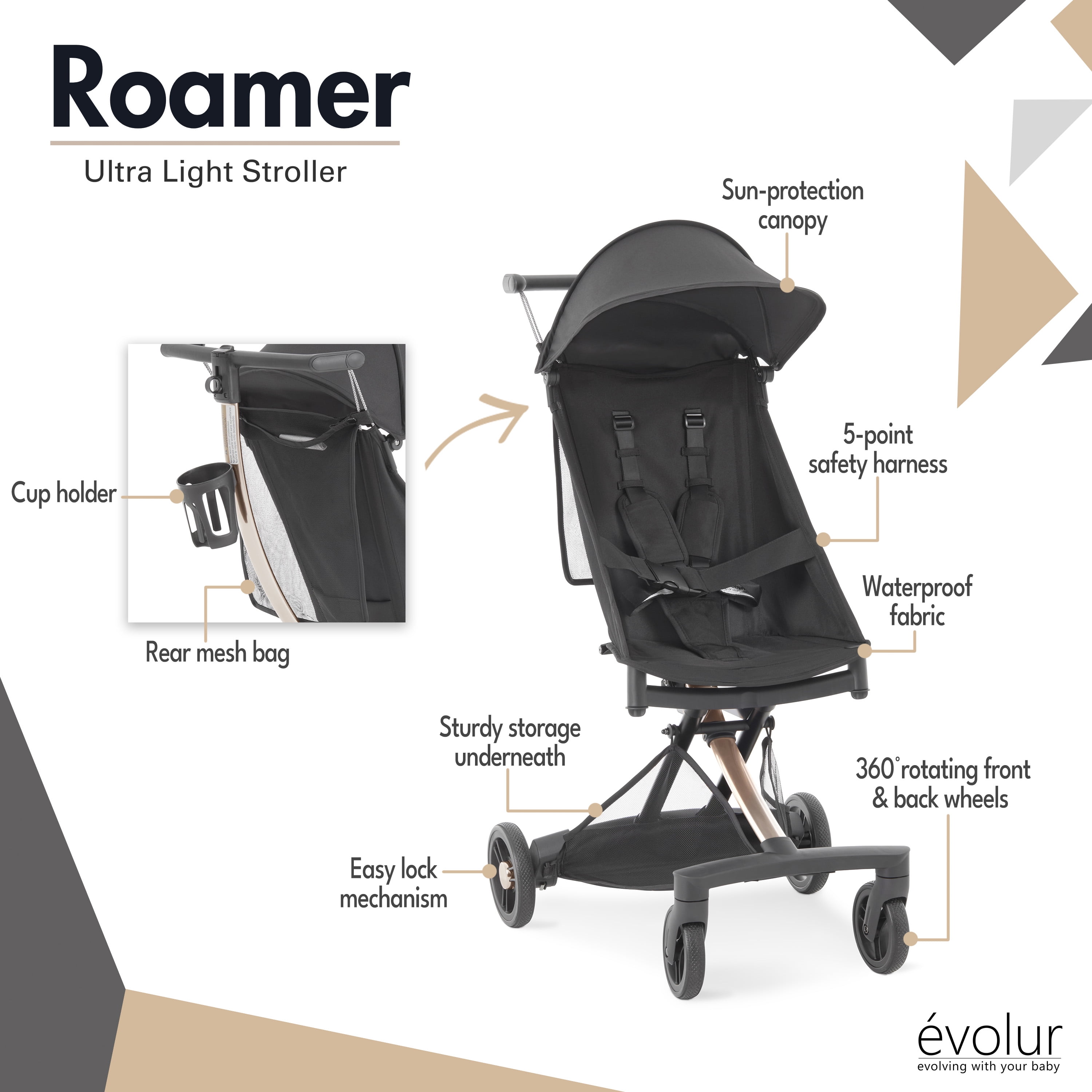 Evolur Roamer Ultra Light Stroller, Gold Black