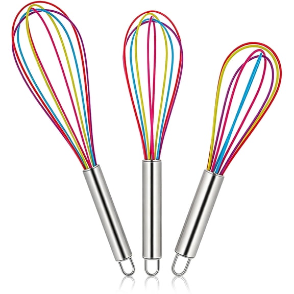 Silicone Whisk Set of 3, 8 10 12inch Wire Whisk, Stainless Steel and Silicone Kitchen Utensils for Blending, Balloon Wire Egg Beater for Stirring, Blending and Beating