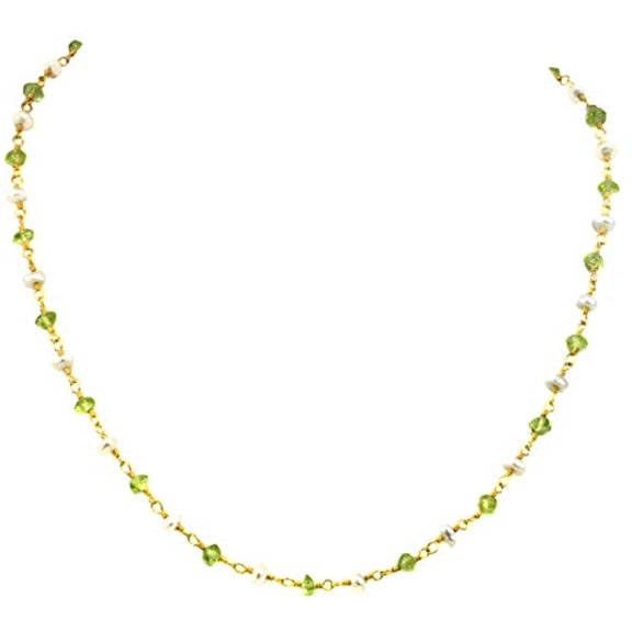 14k Gold Filled Peridot White Freshwater Cultured Pearl Necklace Goldtone Chain Link (3.0-3.5mm), 18" Designed for Adult Women
