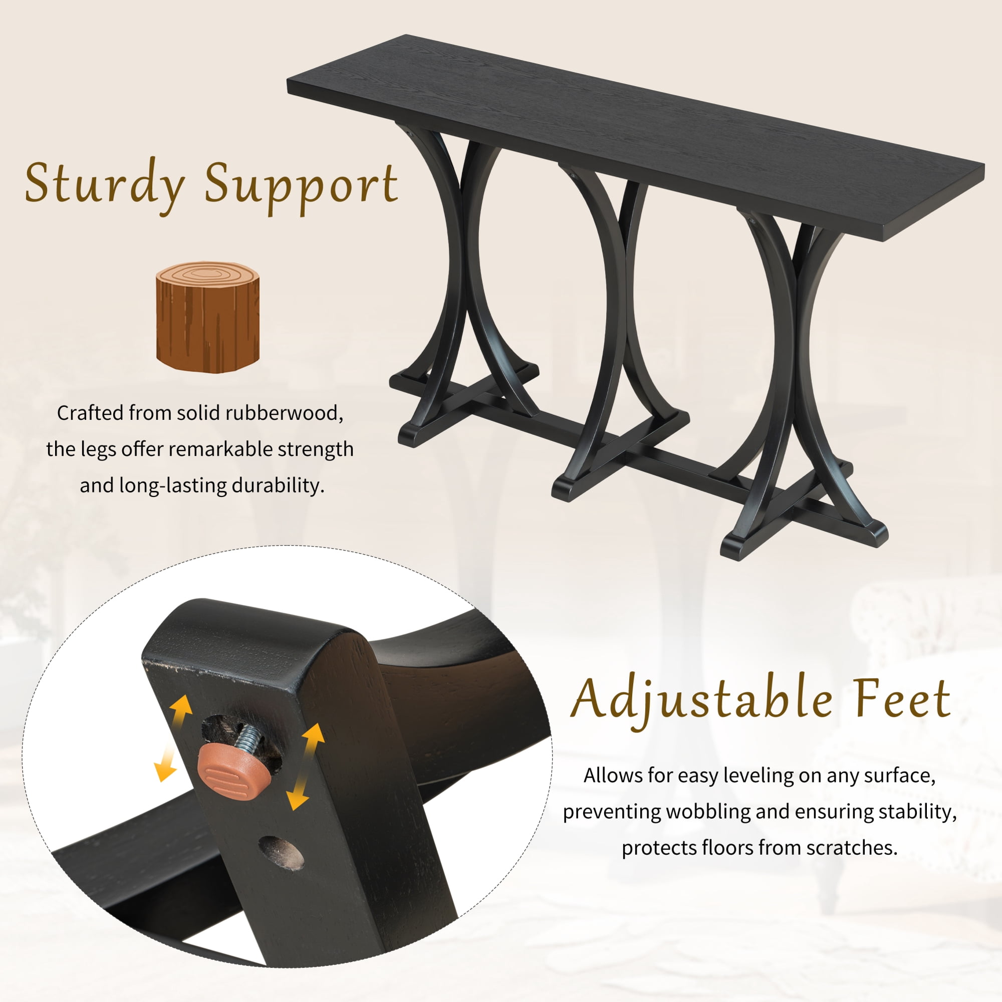HOQBN 59.8'' Wooden Console Table,Farmhouse Entryway Table with Wood Legs for Living Room,Entryway,Hallway, Dining Spaces,Black