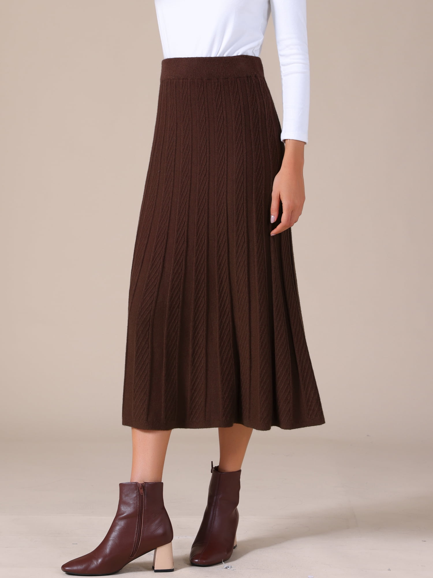DARING DIVA Women's Sweater Pleated A Line Knit Midi Skirt Small Brown