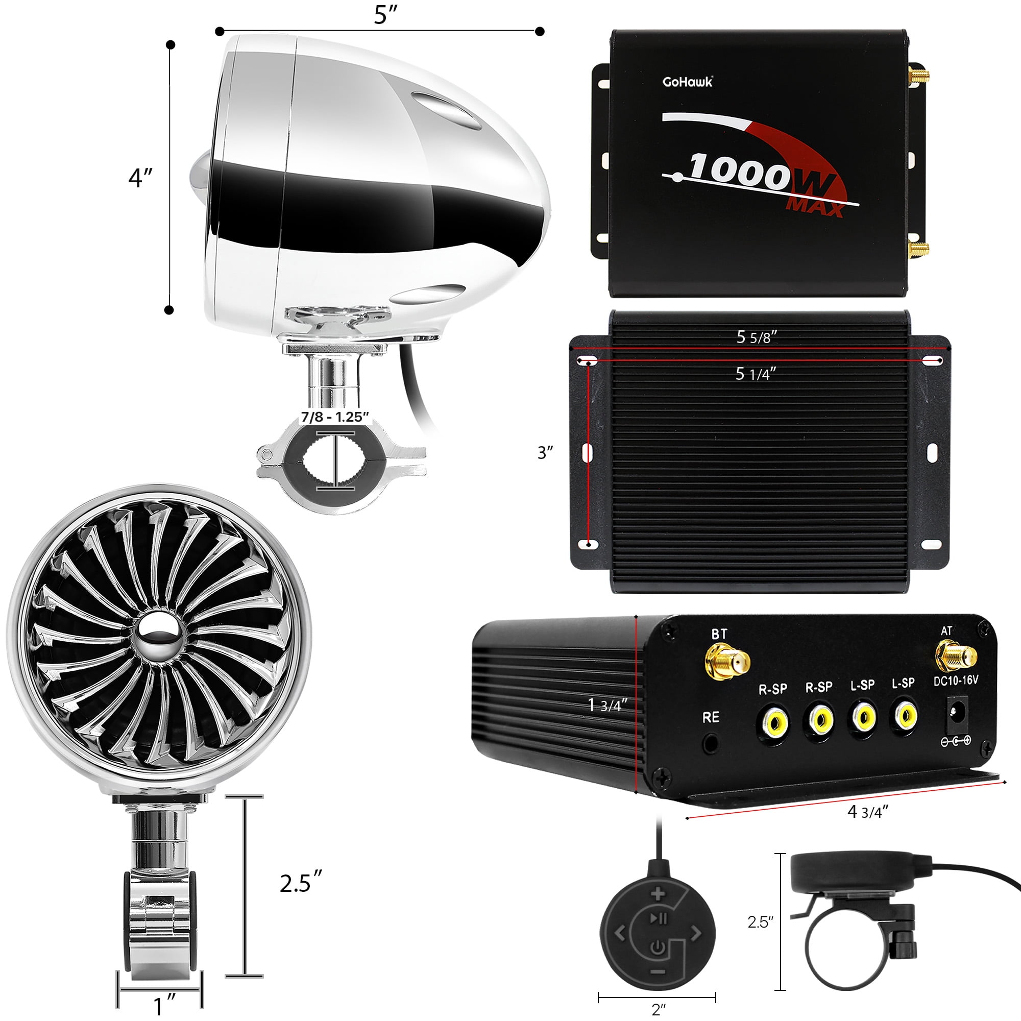 GoHawk 4" Waterproof Motorcycle Bluetooth Speakers Stereo Amplifier Audio System Harley ATV FM Radio