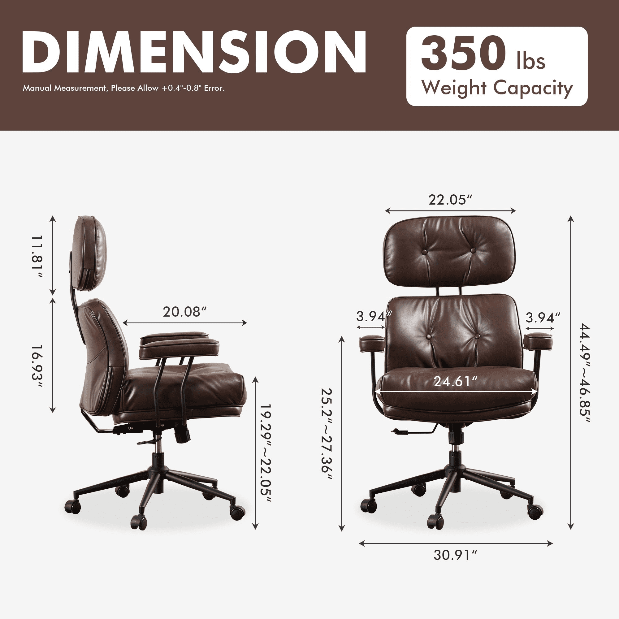 Vcatnet Ergonomic Executive Office Chair, High Back Computer Chair with Lumbar Support, PU Leather Mid-Century Modern Adjustable Home Office Desk Chair, Dark Brown