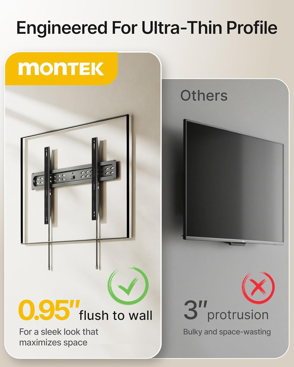 monTEK Ultra Slim Fixed TV Wall Mount for 43–95" Flat & Curved TVs, 0.95" Low Profile, Supports 150 lb, VESA 200x200–800x400, Fits 16"/18"/24" Studs