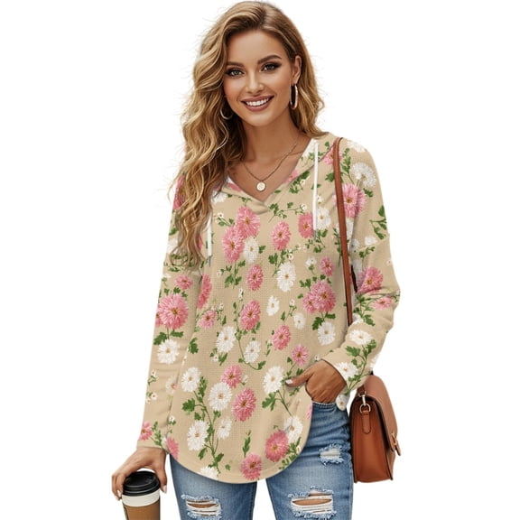 DISNIMO Floral Printed Sweatshirts for Women Trendy Hoodies Long Sleeve Pullover Tops Waffle Shirts for Fall Winter, S