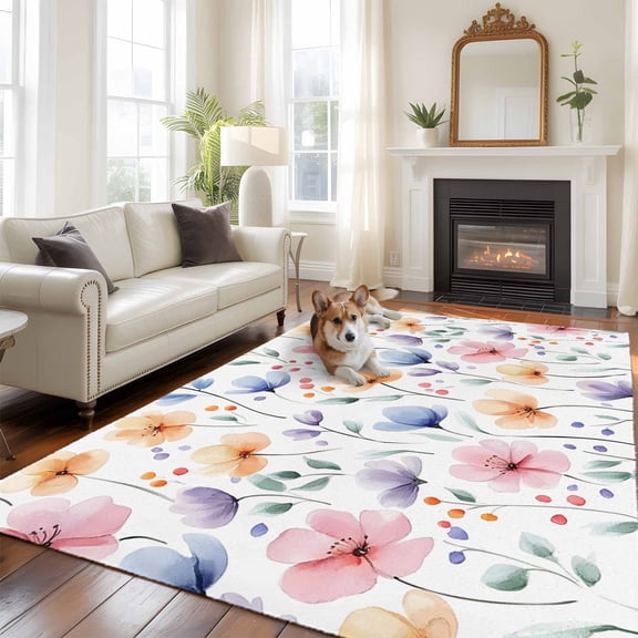 Watercolor Blue Pink Flowers Large Area Rugs 6x9 ft Spring Leaves Washable Rug Non Slip Indoor Carpet Absorbent Floor Mat for Living Room Bedroom Dining Room