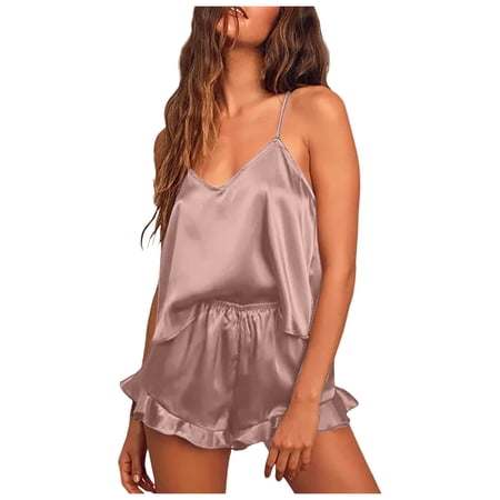 RMGVDSD Satin Pajama Set For Women Silk Pajamas Sexy V Neck Camisole Top And Shorts With Ruffle Sleepwear Set Summer Womens Shorts Sets