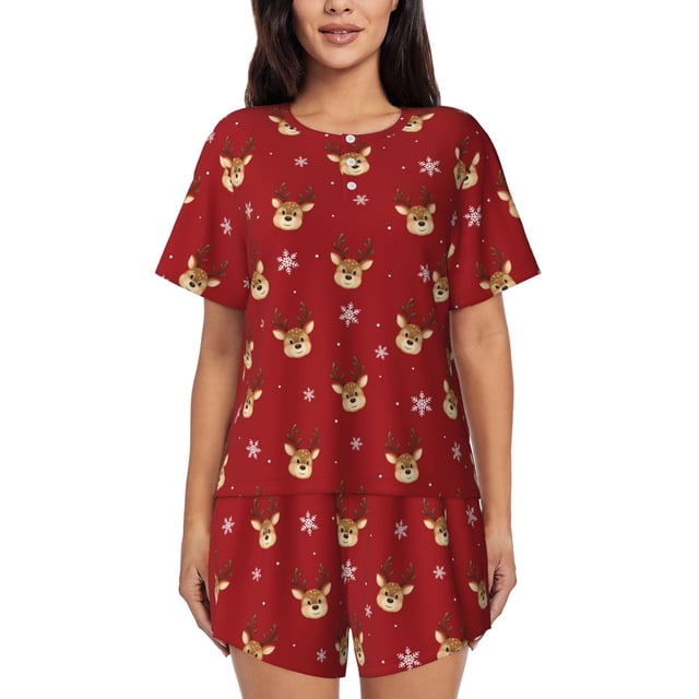 Fotbe Reindeer Faces Festive Red Conjunto de Pijama Estampado para Mujer, 2 Piezas, Ropa de Dormir con Camiseta de Manga Corta y Shorts Suaves-Large