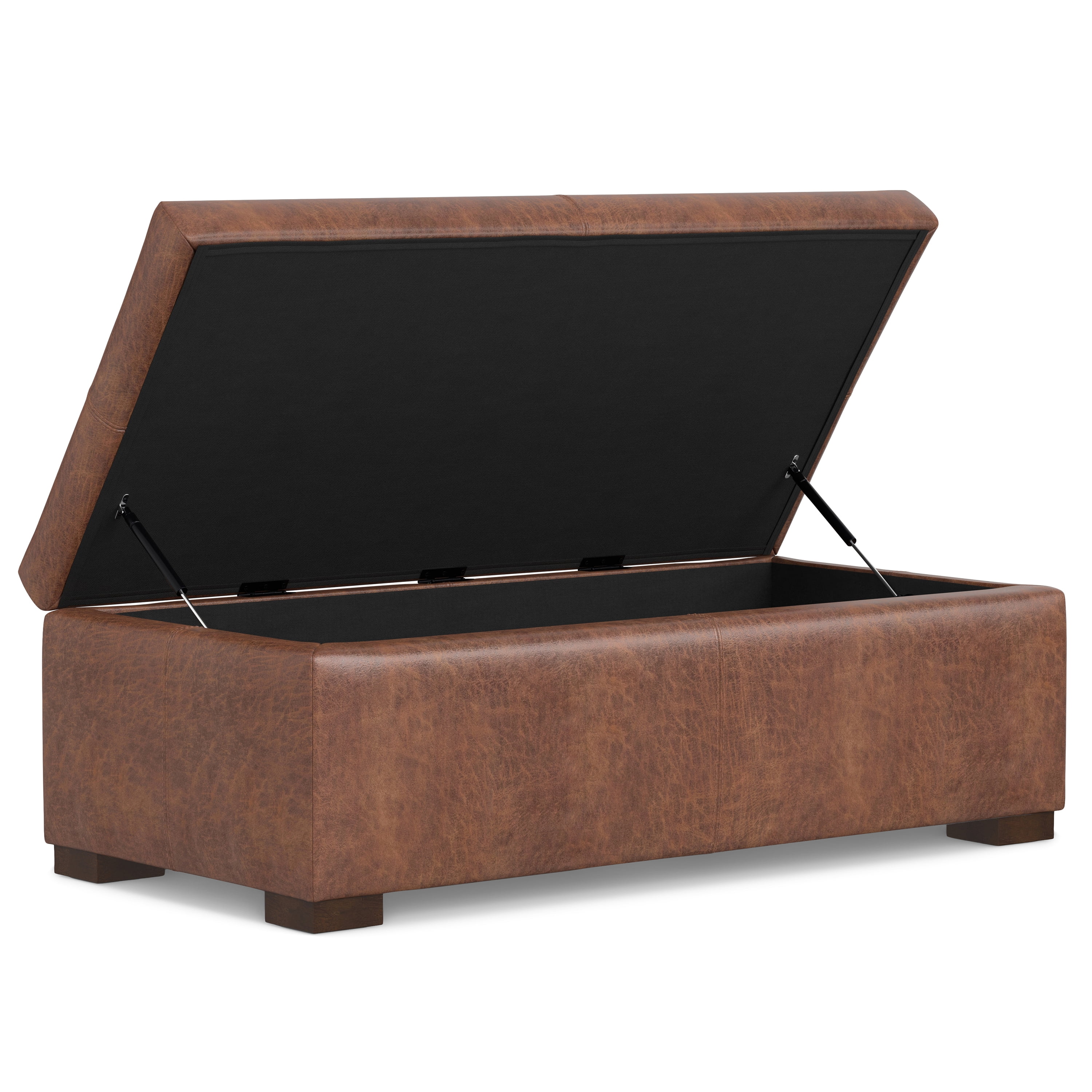 Gabbie 48 inch Wide Rectangular Storage Ottoman in Distressed Saddle Brown Vegan Leather
