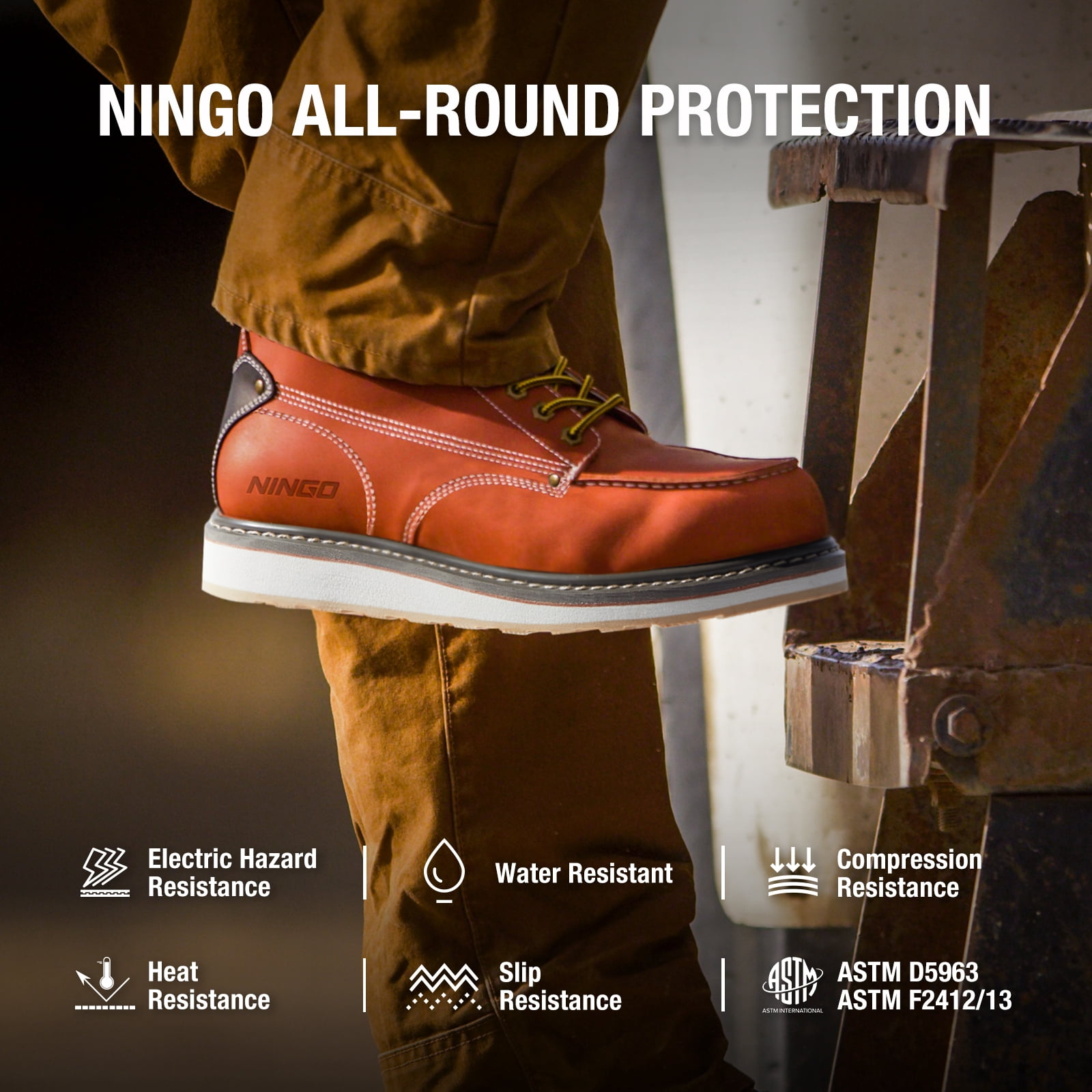NINGO Men's Ankle-High Work Boots, 6" Slip Waterproof Resistant Safety Shoes,Black,US Size 10.5