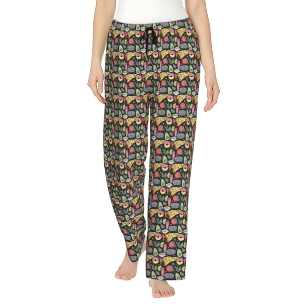 Fotbe Doodle Food Pantalones de Pijama para Mujer, Pantalones de Dormir, Pantalones Pj con Cordón y Bolsillos-Small