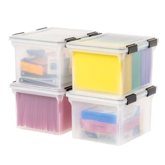 IRIS USA File Box WeatherPro File Organizer Plastic File Box for Letter/Legal File, Durable Lid and Seal w/ Secure Latching Buckles, Stackable and Nestable, Clear 32 Qt. 4Pack