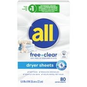 (2 pack) all free clear Fabric Softening Dryer Sheets for Sensitive Skin, Controls Static, 80 Count