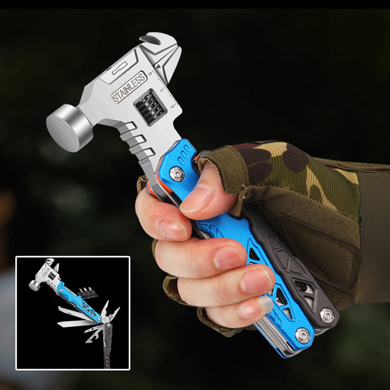 Multitool Hammer, Portable Stainless Steel Camping Gear Survival Tool with Pliers, Wire Cutter, and Screwdriver for Outdoor Hiking and Travel A#038 Blue